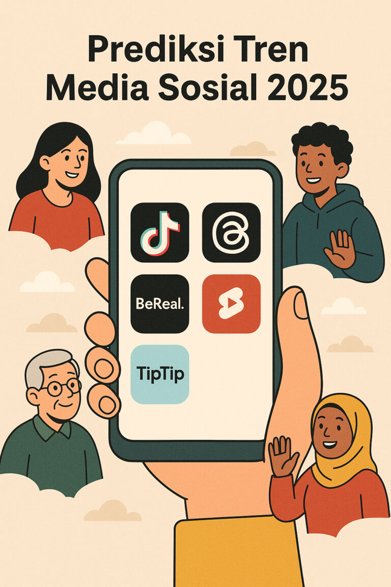 Ilustrasi kartun tren media sosial 2025 di smartphone.