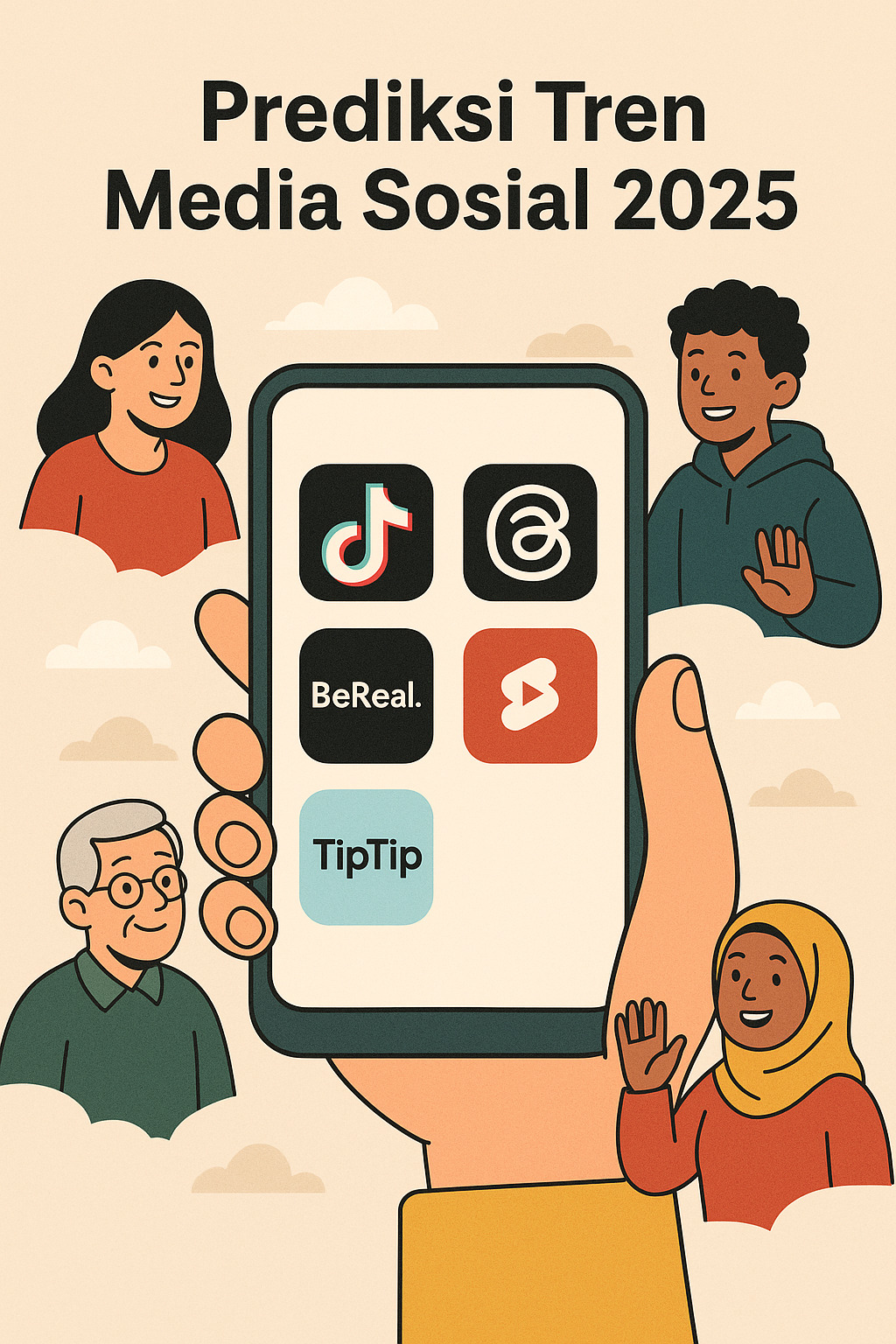 Ilustrasi kartun tren media sosial 2025 di smartphone.