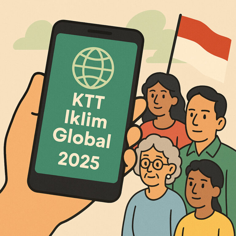 Ilustrasi kartun ponsel bertuliskan KTT Iklim Global 2025 dan warga Indonesia