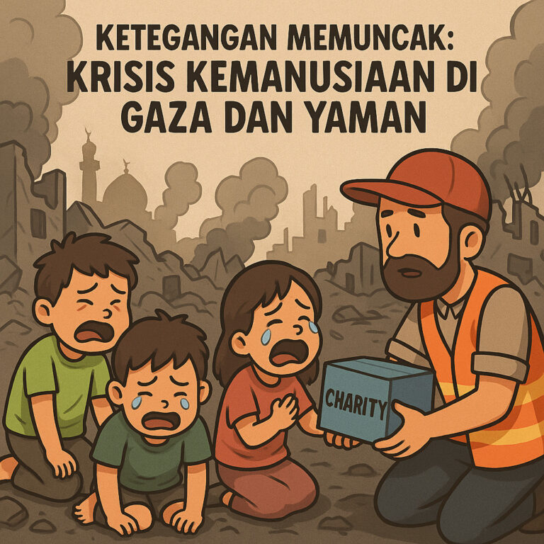 Ilustrasi anak-anak korban perang menerima bantuan kemanusiaan di Gaza dan Yaman.