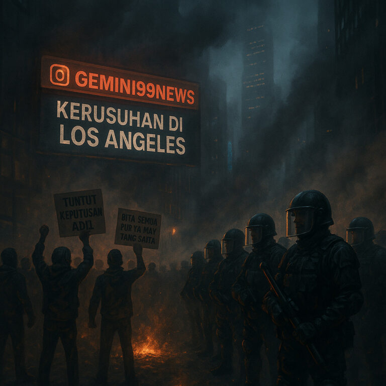 Kerusuhan malam hari di Los Angeles dengan api dan polisi antihuru-hara.