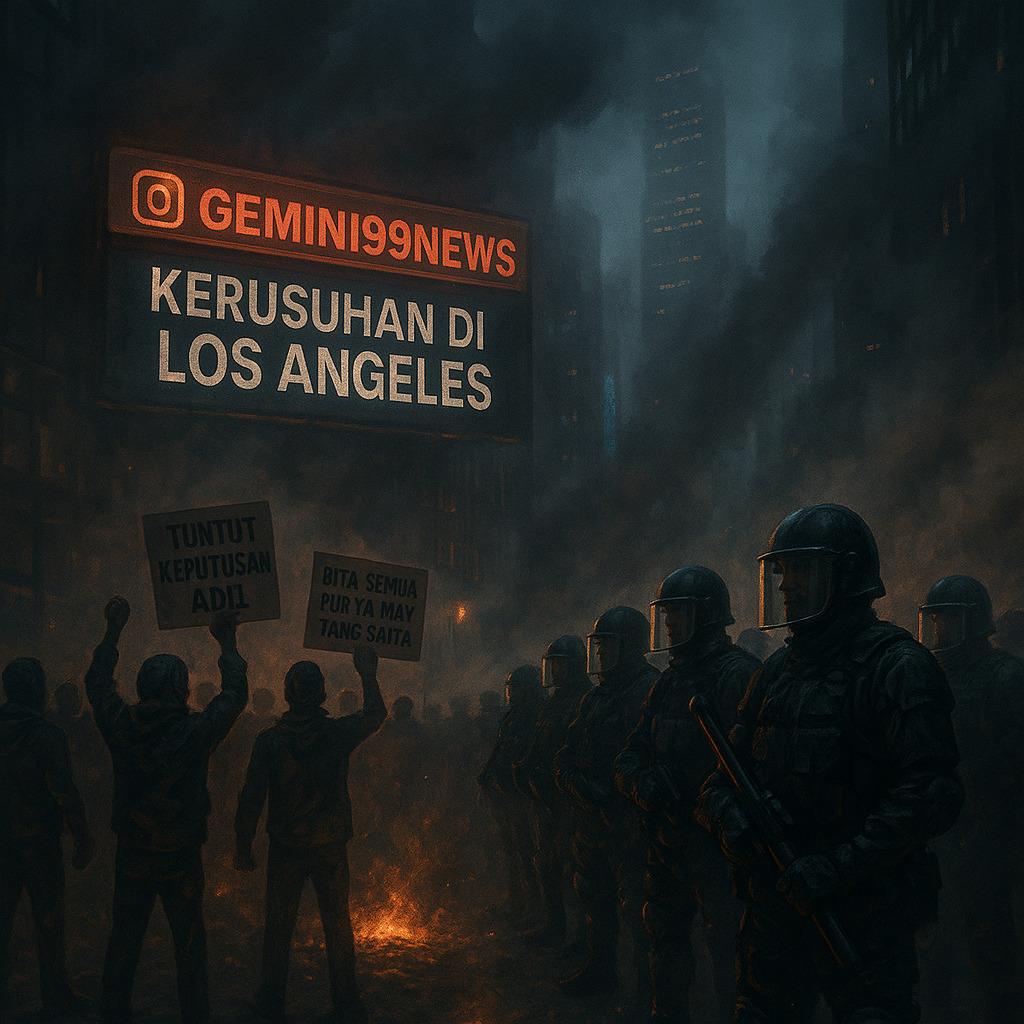 Kerusuhan malam hari di Los Angeles dengan api dan polisi antihuru-hara.