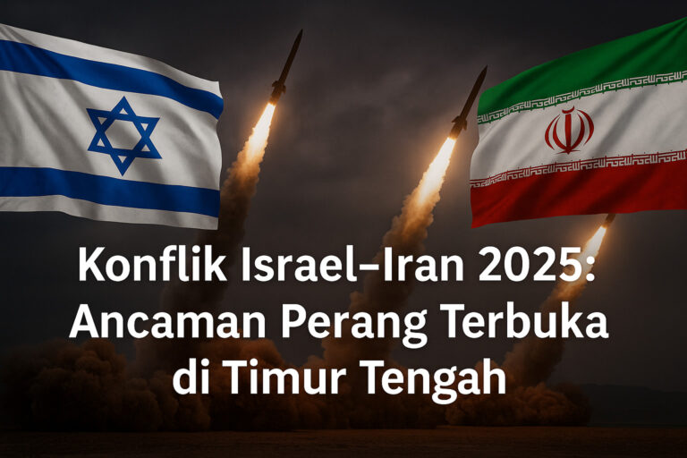 Konflik Israel Iran 2025 dengan rudal dan bendera kedua negara.