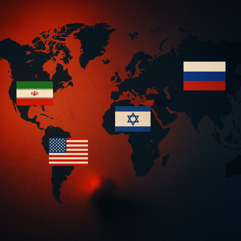 Peta dunia dengan bendera Iran, Israel, Rusia, dan Amerika Serikat.