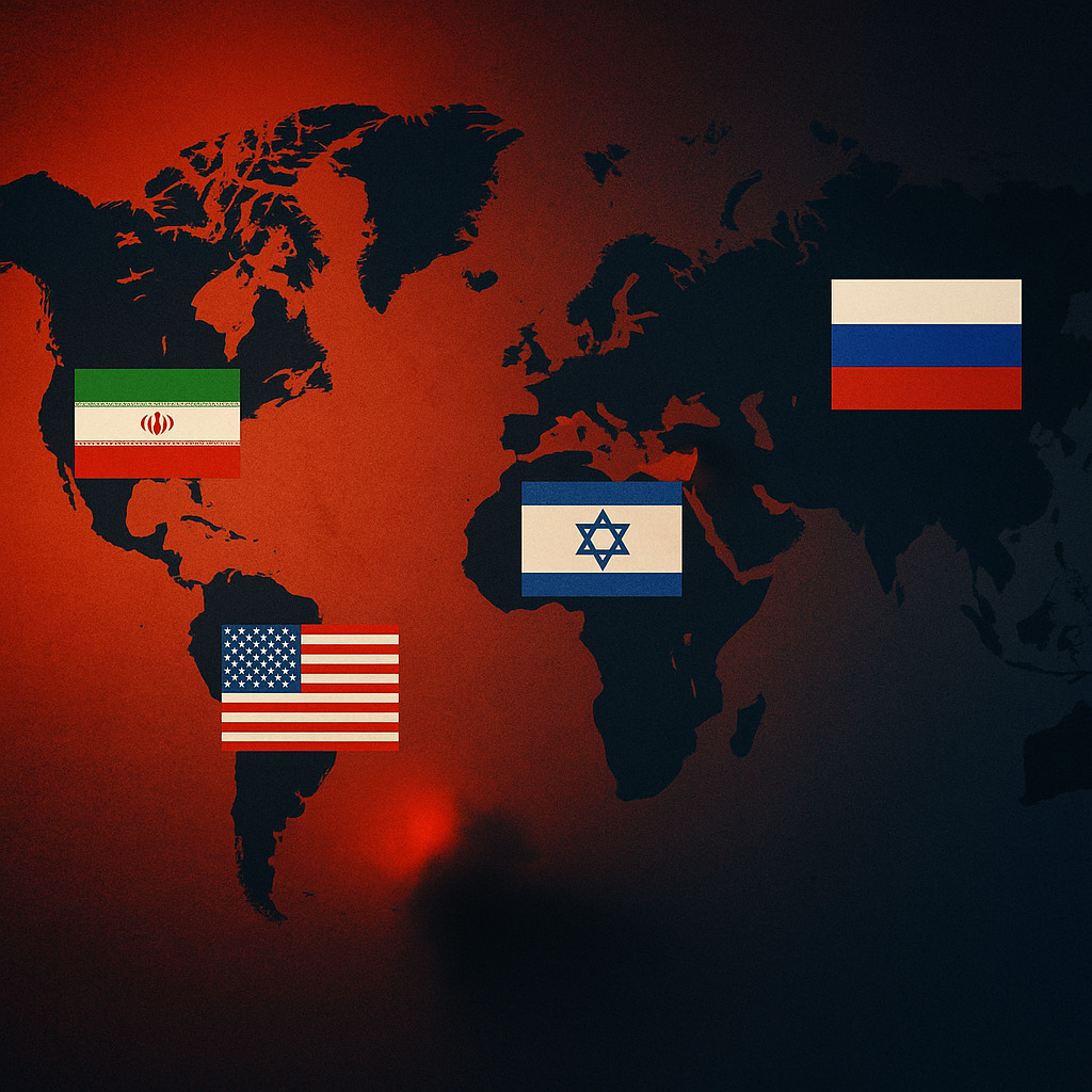 Peta dunia dengan bendera Iran, Israel, Rusia, dan Amerika Serikat.