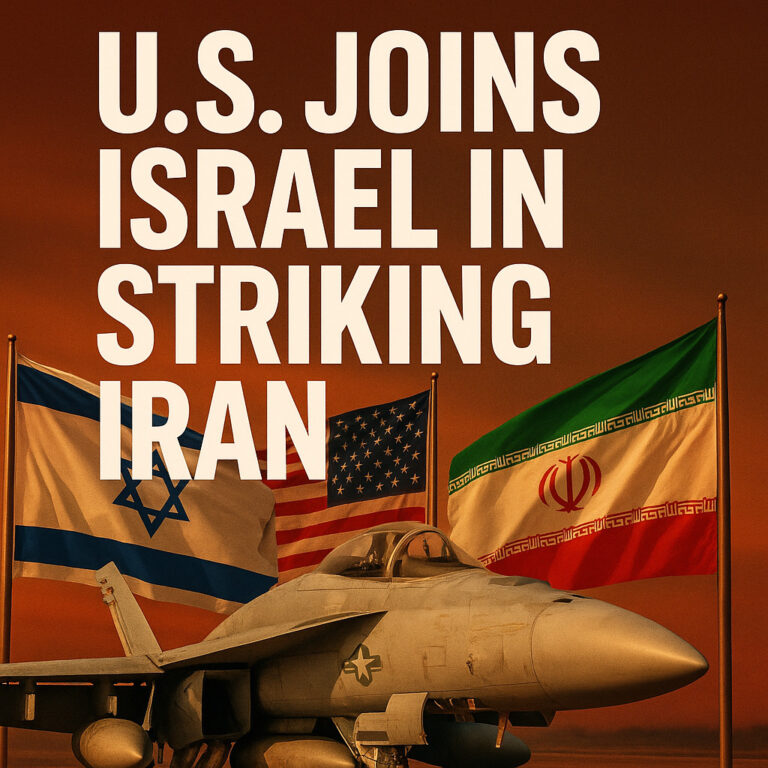 Jet tempur AS di depan bendera Israel, AS, dan Iran dengan teks "U.S. Joins Israel in Striking Iran