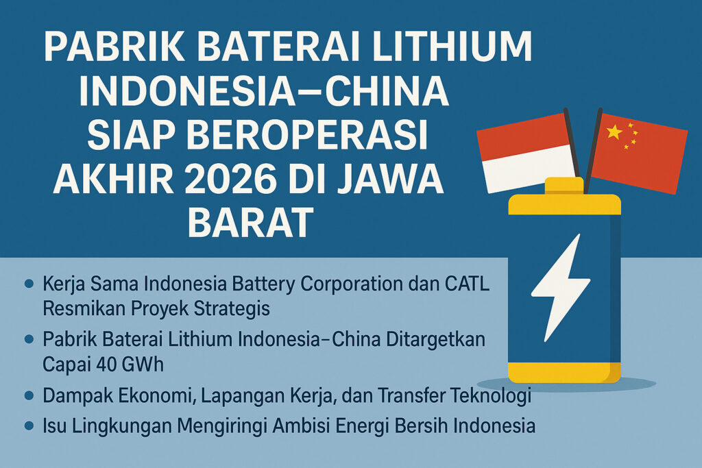 Infografik pabrik baterai lithium Indonesia–China yang mulai beroperasi 2026 di Jawa Barat