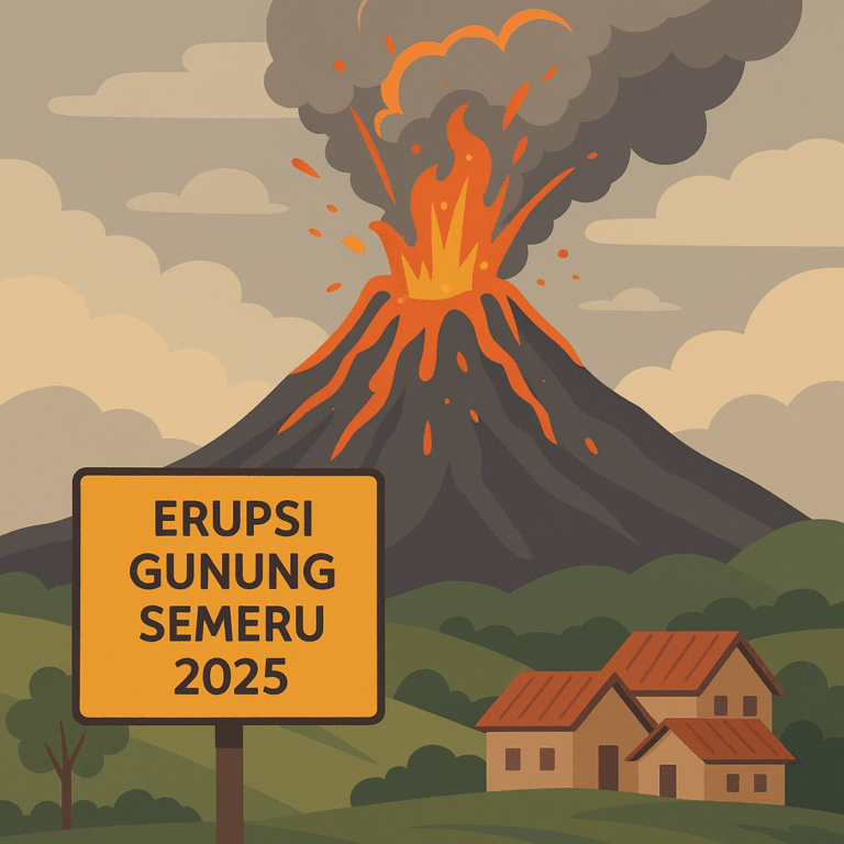 Ilustrasi erupsi Gunung Semeru 2025 bergaya kartun.