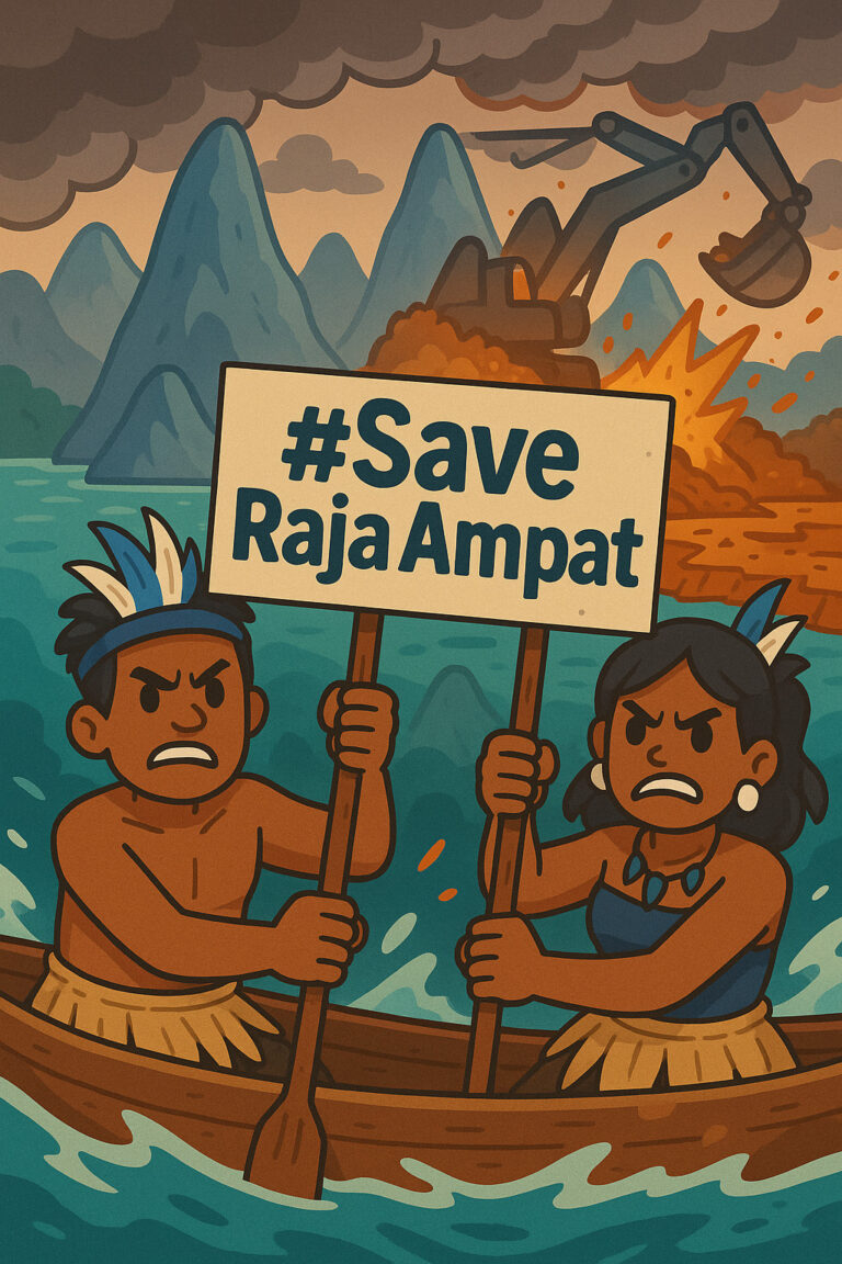 Ilustrasi kartun masyarakat Papua marah menolak tambang, dengan latar pulau Raja Ampat dan tulisan #SaveRajaAmpat