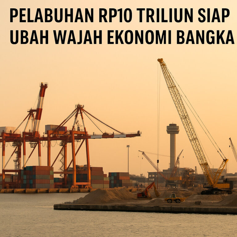 Pembangunan pelabuhan dengan crane dan kontainer saat matahari terbenam.