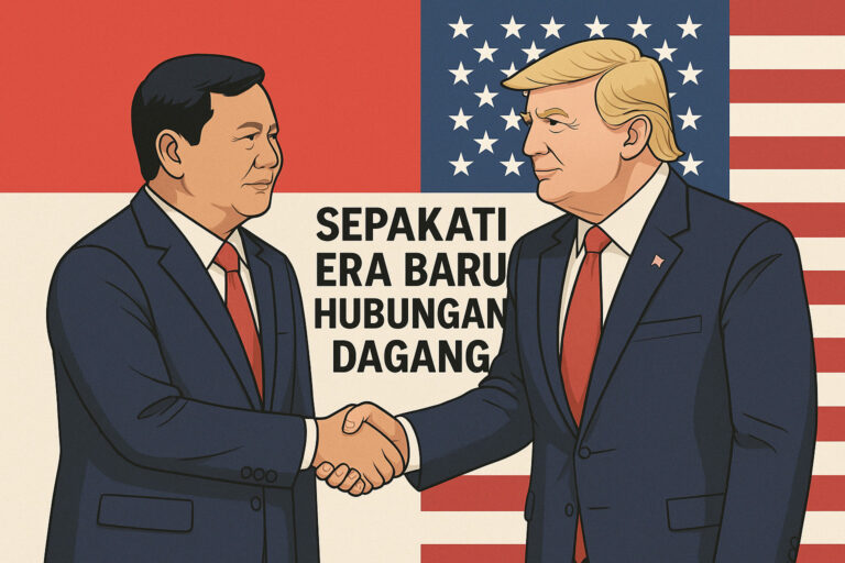 Prabowo dan Trump berjabat tangan di depan bendera Indonesia-AS.