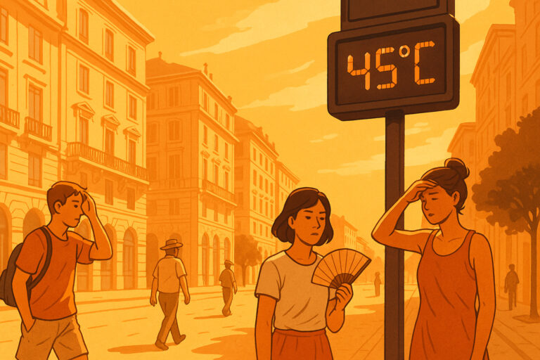 Ilustrasi kota Eropa saat gelombang panas dengan suhu 45°C.